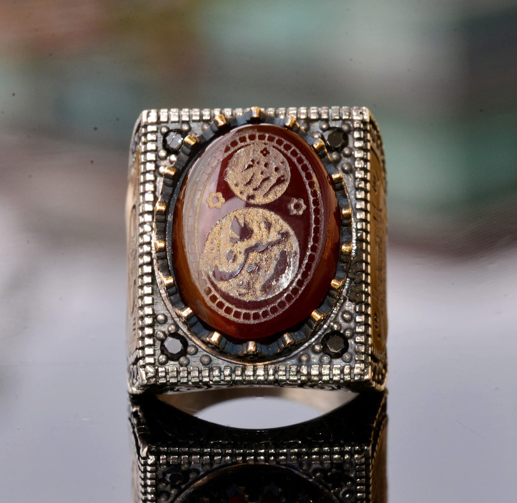KAMBO Handmade 925 Sterling Silver Men's Ring with Natural Agate Gemstone, Islamic Engraved Art Deco Design, Vintage Rel