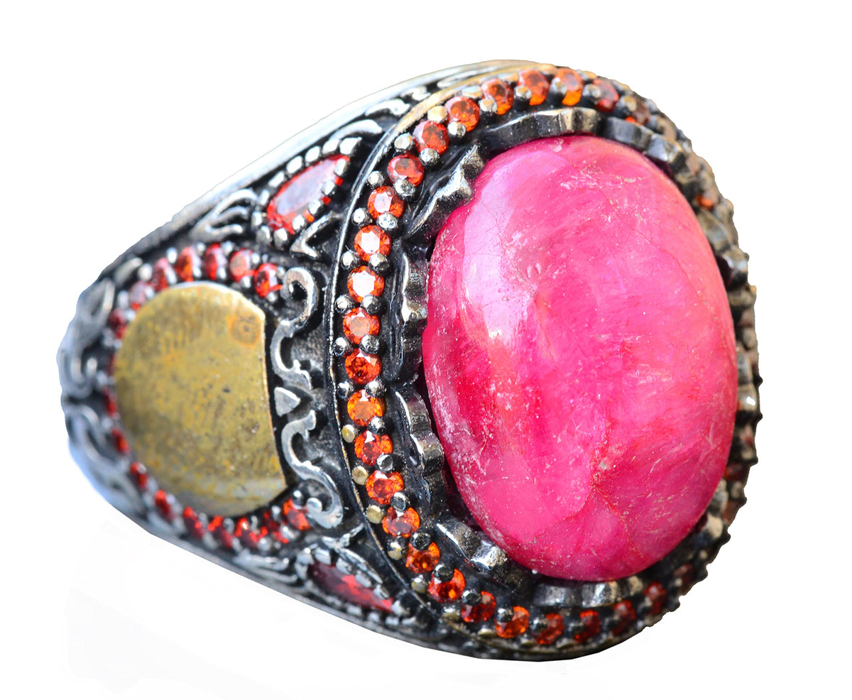 Real Ruby Stone Ring - Vintage Style 925 Sterling Silver Men's Ring