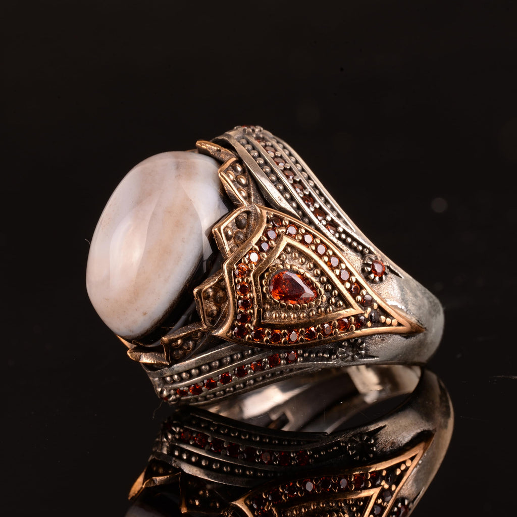 925 Sterling Silver Natural Yemeni Agate Stone Men's Ring - Handmade King Ring, Unique Design — 5