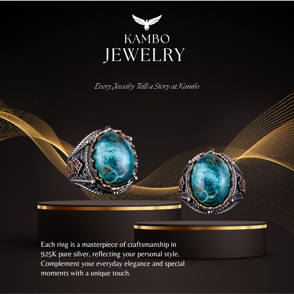 Natural Chrysocolla Stone Ring, 925 Sterling Silver Men's Ring (Model-2) — 7