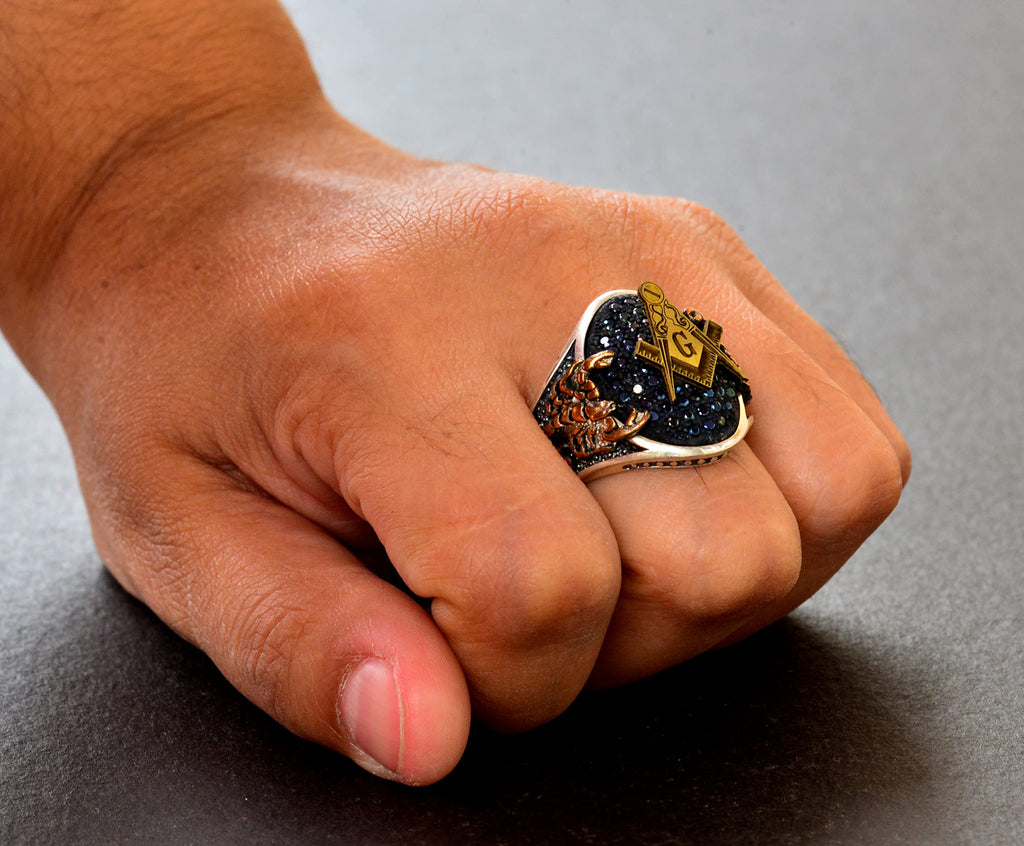 Handmade 925 Sterling Silver Men's Mason Scorpion Ring, Black and White Heart Stone, Gold Plated Mason King Ring Design, Silver Ring — 6