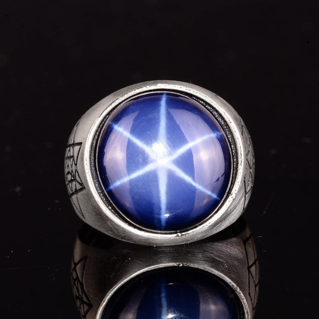 Natural Star Sapphire Stone Ring, 925 Sterling Silver Men's Ring — 3