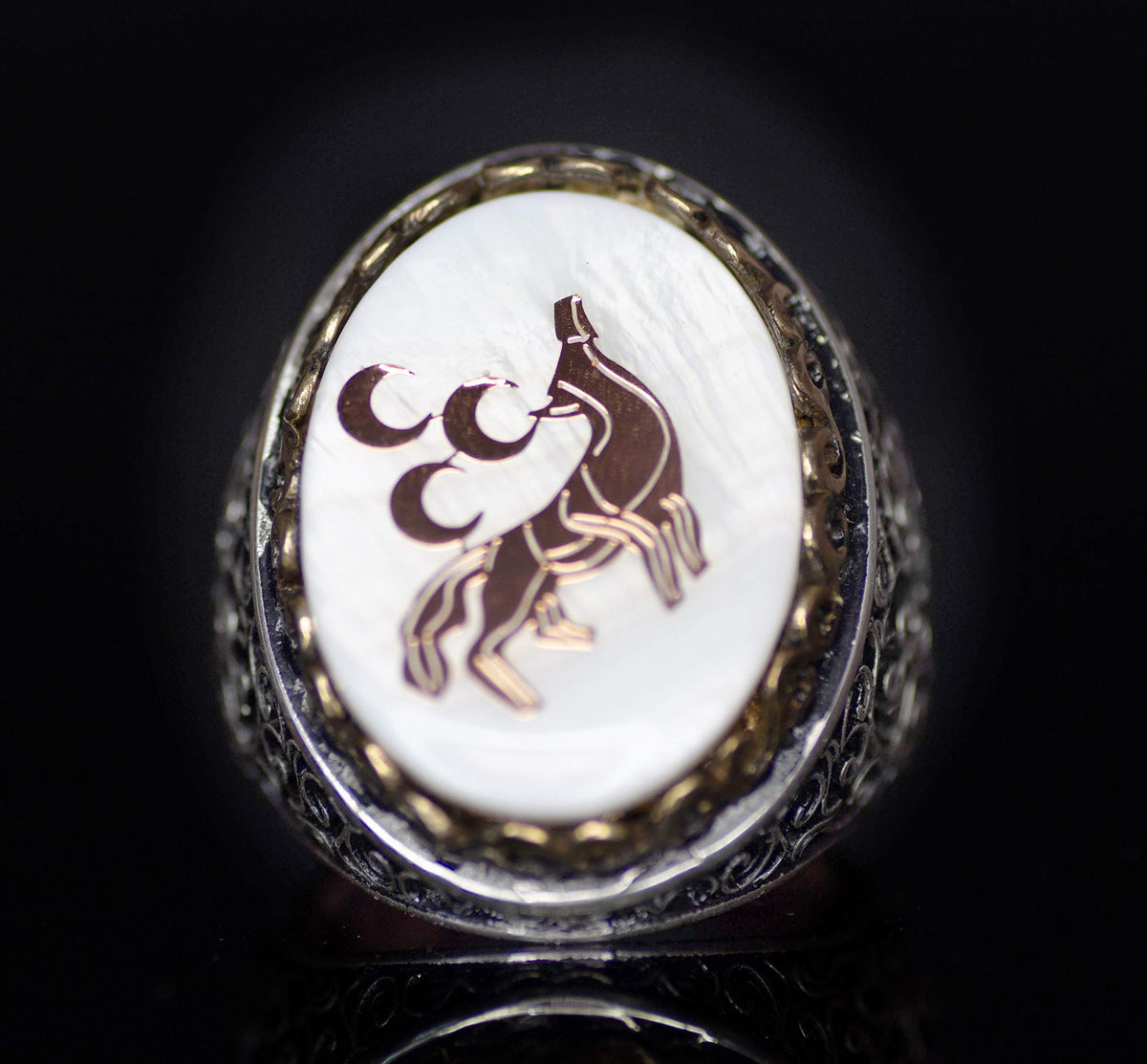 925 Sterling Silver Men's Ring - Wolf and Crescent Symbol, Embellished with Natural Stones — 3