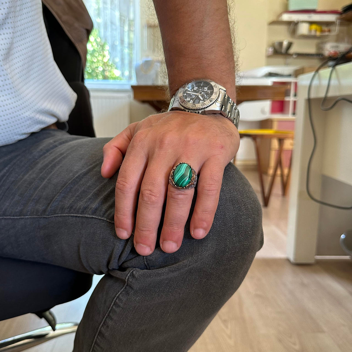 Natural Malachite Stone Handmade Ring - 925 Sterling Silver — 3