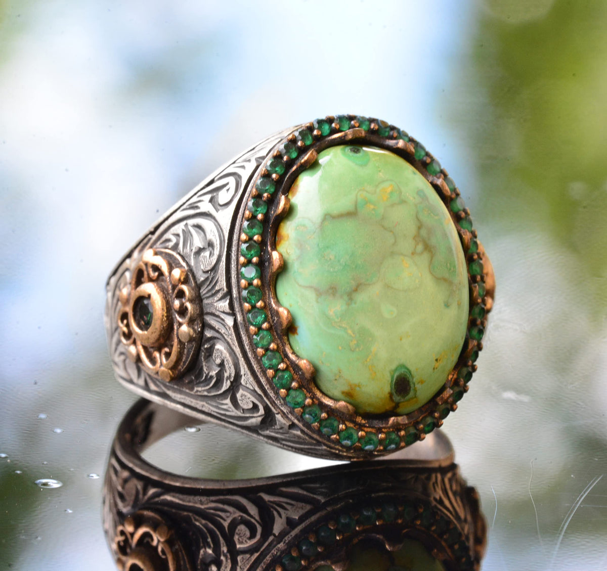 Natural Arizona Turquoise Stone Ring - 925 Sterling Silver Men's Ring — 3
