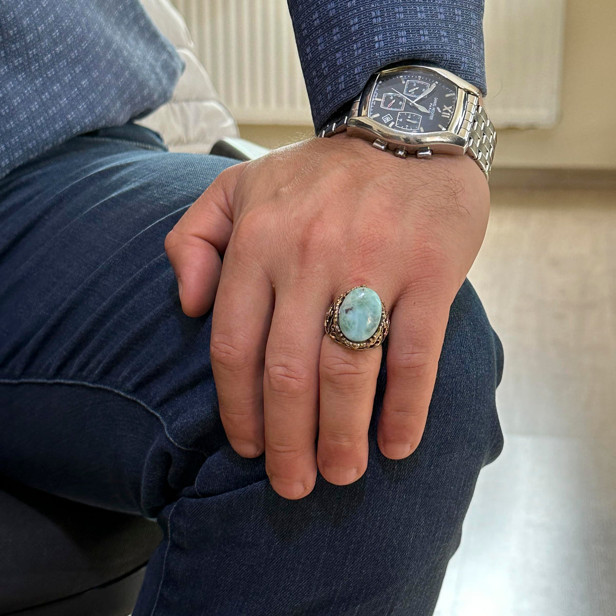 Larimar Stone Silver Ring - Peaceful 925 Sterling Silver Men's Ring - Ocean Calm Design — 3