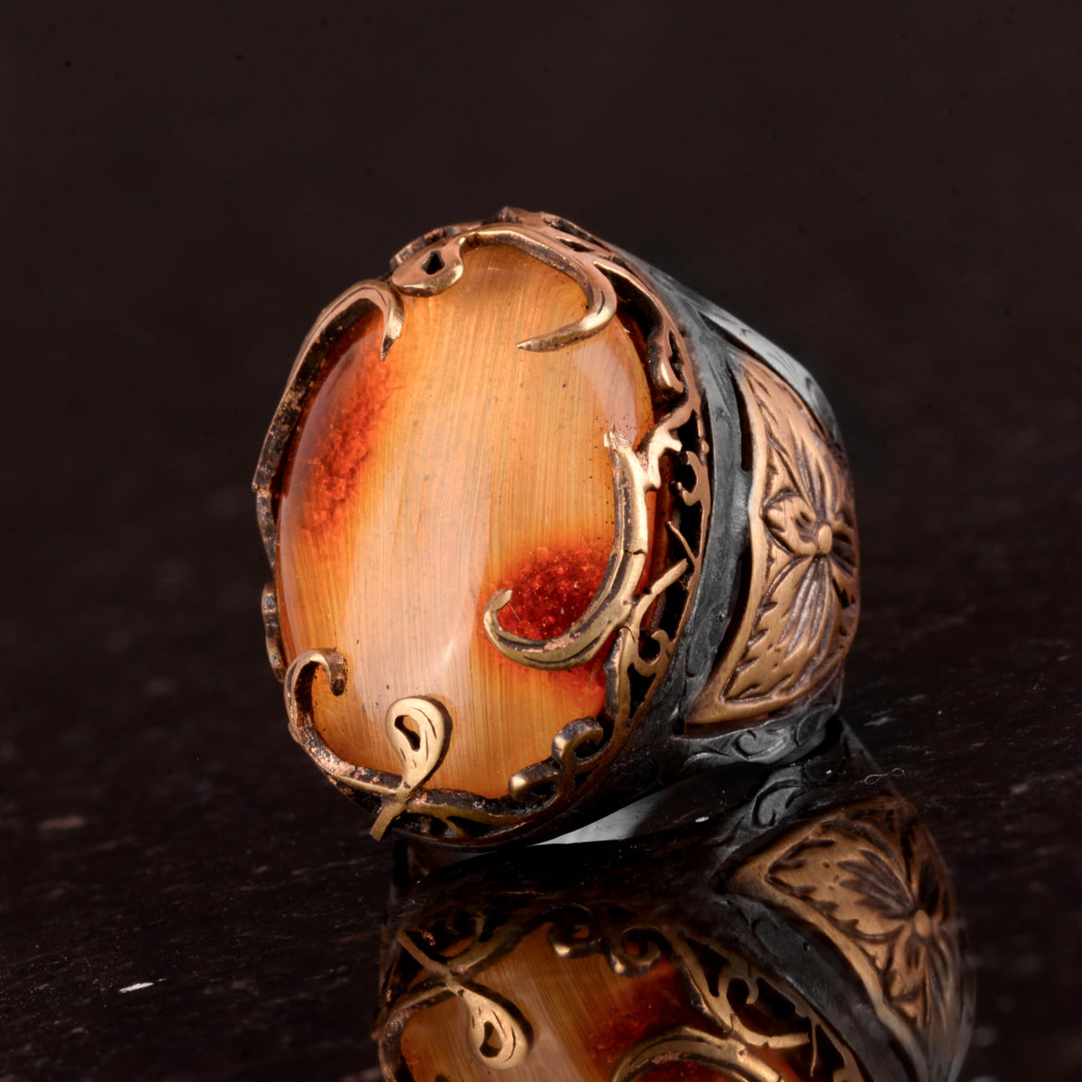 925 Sterling Silver Men's Ring, Amber Stone — 5
