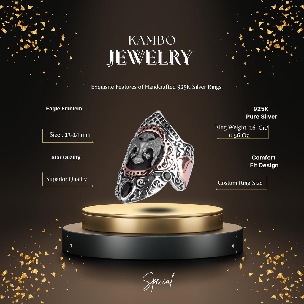 KAMBO Seljuk Double-Headed Eagle Archer Ring – Design Topaz Large Ring for Men – 925 Sterling Silver Handmade Sejuk Symbol (Black Topaz) — 2