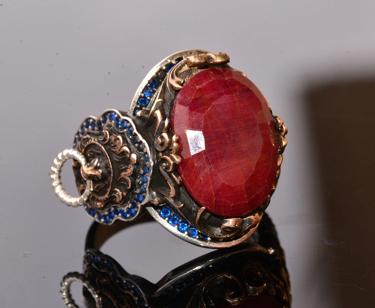 Handmade 925 Sterling Silver Lion Design Ring - Natural Ruby — 3