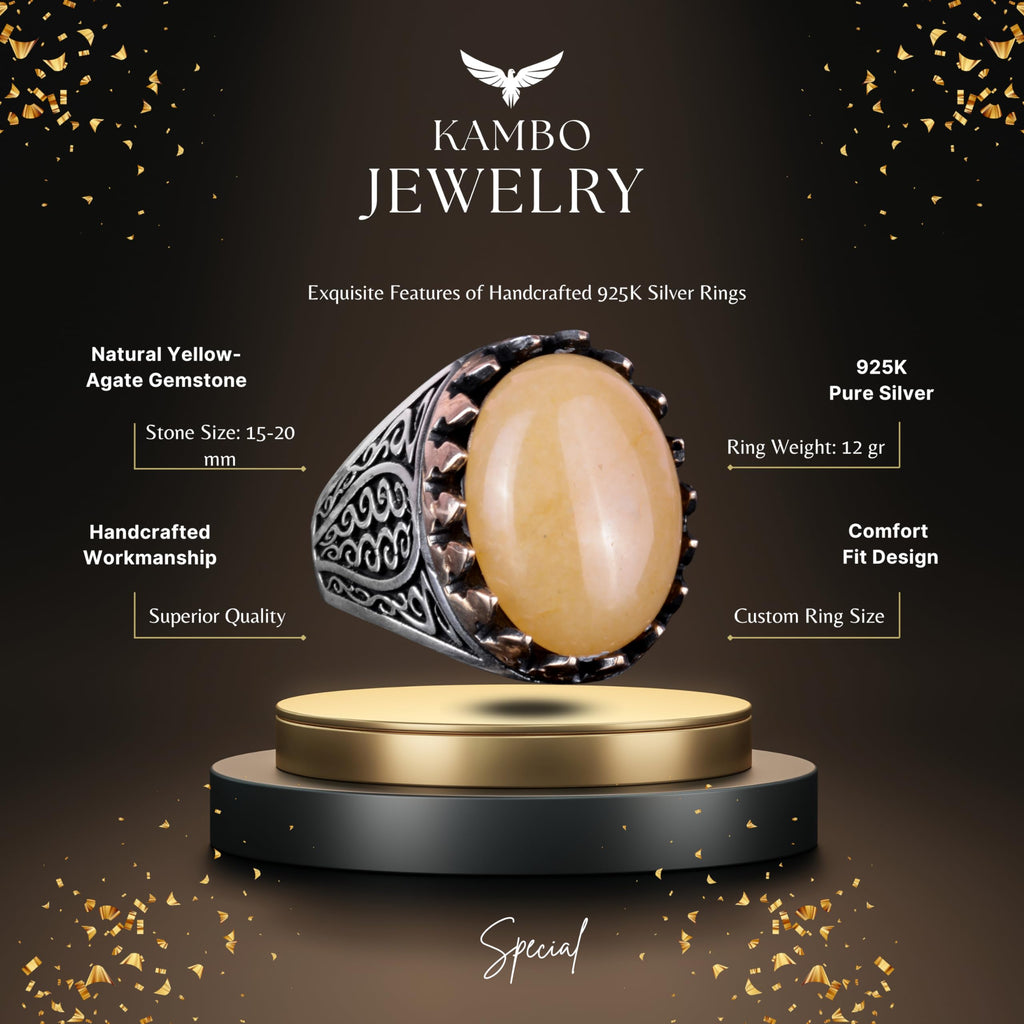 925 Sterling Silver Men's Ring - Yellow Agate Stone (Model-2) — 2