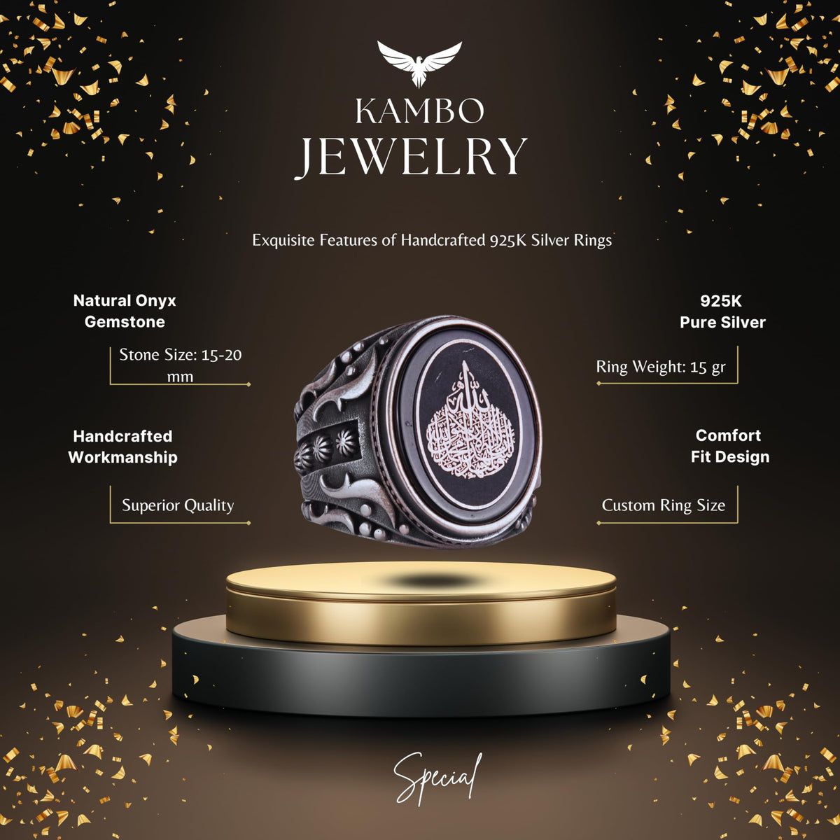 Silver Men's Ring with Natural Onyx Stone - Ayat al-Kursi Design Ring — 2