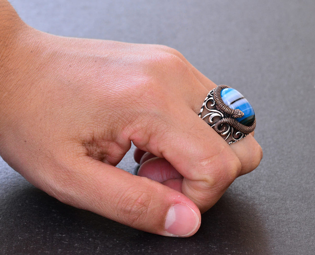925 Sterling Silver Men's Ring - Blue Agate Stone — 7
