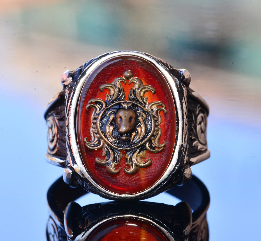 925 Sterling Silver Men's Ring with Created Agate Stone - Lion Symbol Design, Bold and Majestic