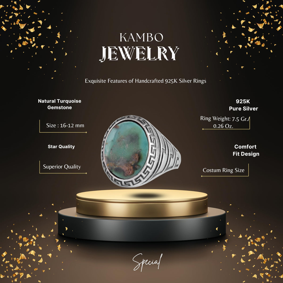 KAMBO Men's Natural Turquoise Stone Ring – Labyrinth Side Design 925 Sterling Silver Ring – Handmade Minimalist Description Jewelry (Style-12) — 2