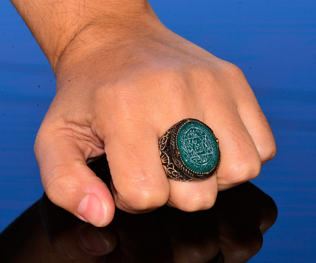 Handmade Solomon Seal Ring, Natural Green Onyx Stone, Islamic Men's Ring, 925 Sterling Silver — 7