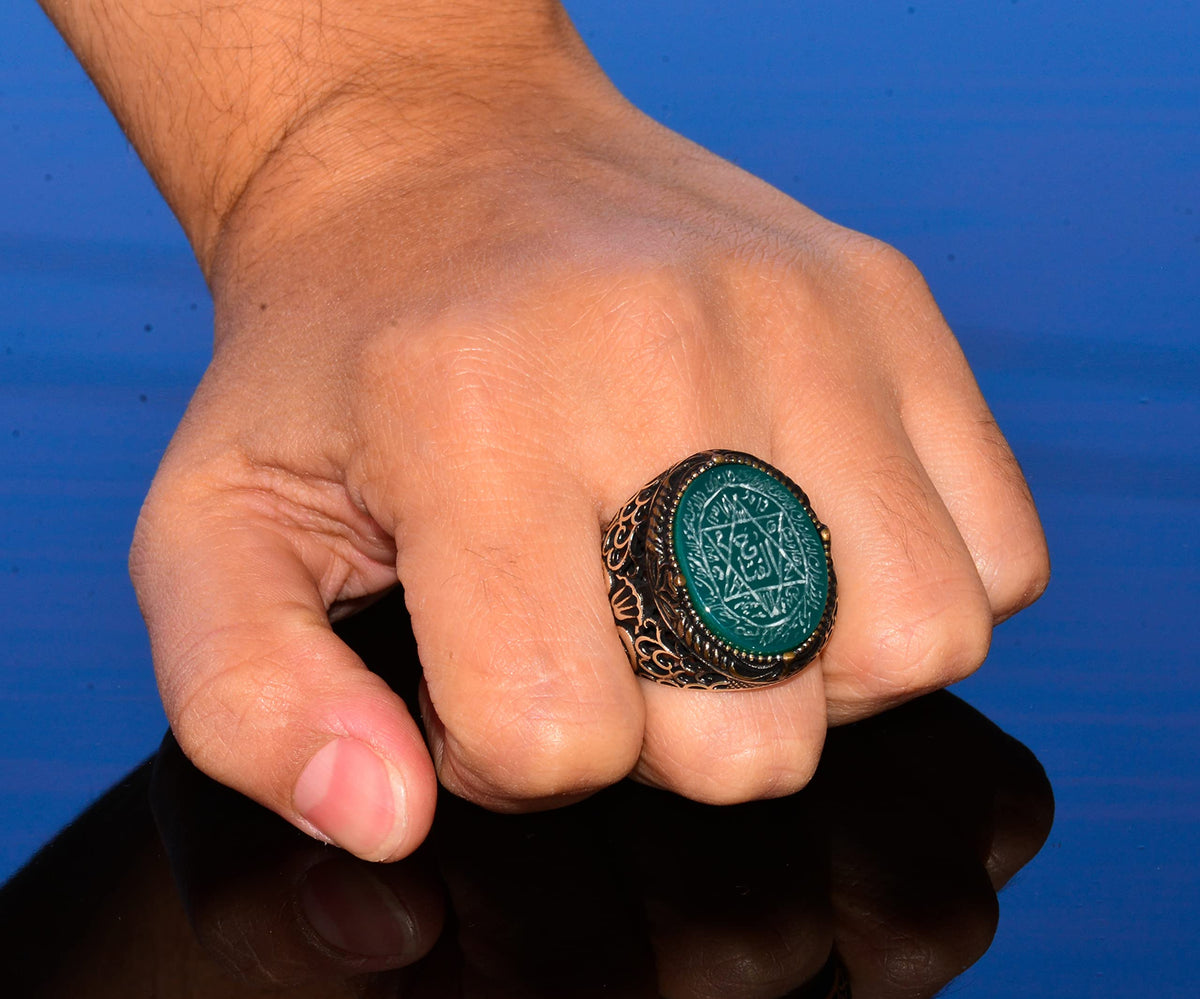 Handmade Solomon Seal Ring, Natural Green Onyx Stone, Islamic Men's Ring, 925 Sterling Silver — 7