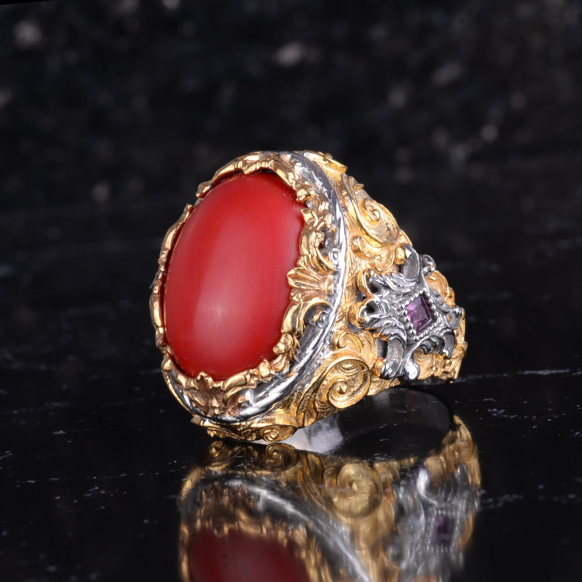 KAMBO Natural Coral Stone Men's Ring 925 Sterling Silver Gold Plated Large Statement Ring Handmade Vintage Design — 5