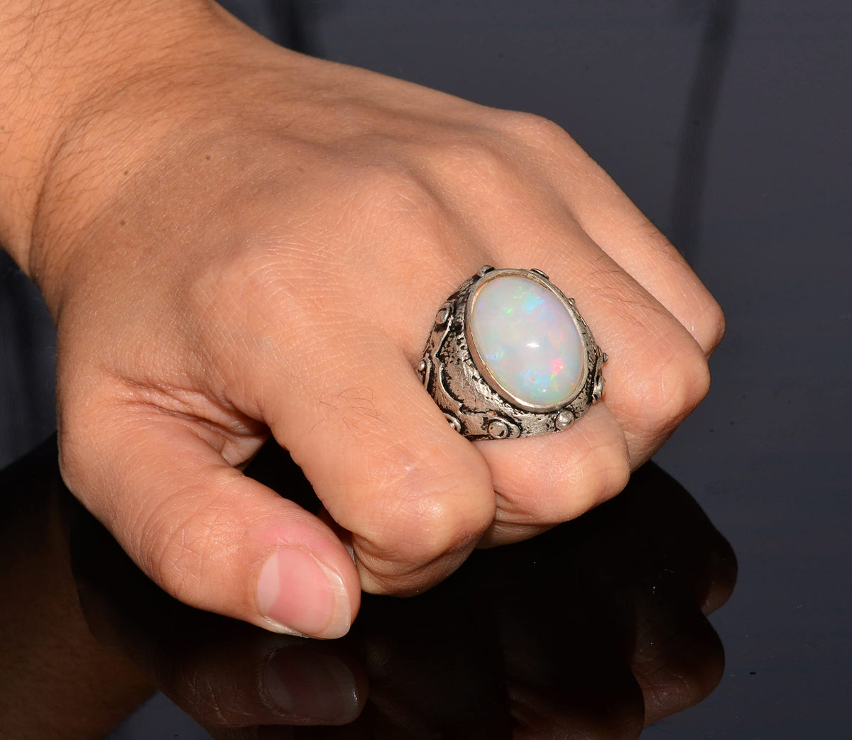 Real Australian Opal Stone Ring, 11.15 Carats, Byzantine Ring, 925 Sterling Silver — 7