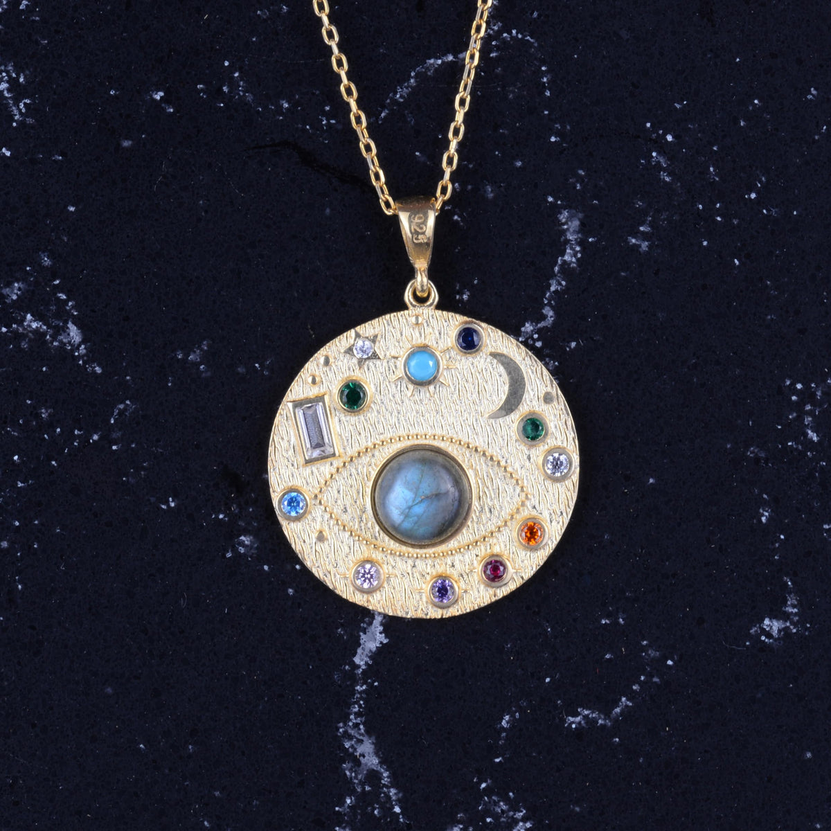 Natural Labradorite Stone Necklace - Gold Plated Silver Nazar Boncuğu Necklace — 4