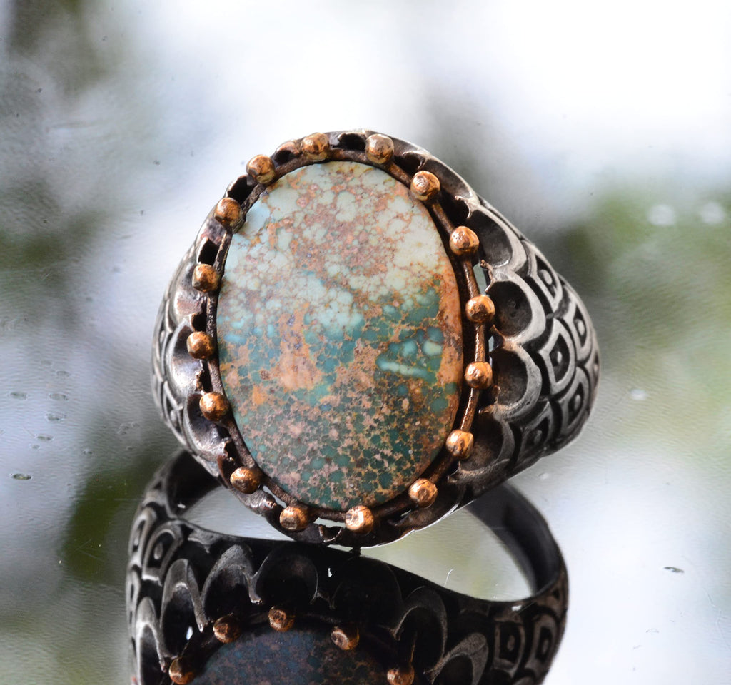 KAMBO Handmade Natural Turquoise Men's Ring in 925 Sterling Silver | Bold Earthy Gemstone Design | Vintage Statement Jew