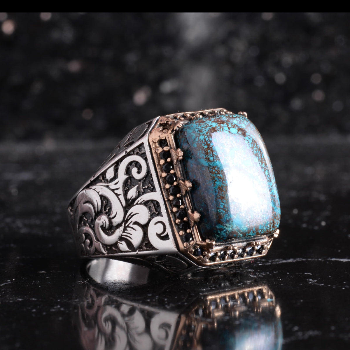 KAMBO Natural Stone Ring for Men 925 Sterling Silver - Rectangular Statement Ring Handmade Jewelry (Azurite) — 6