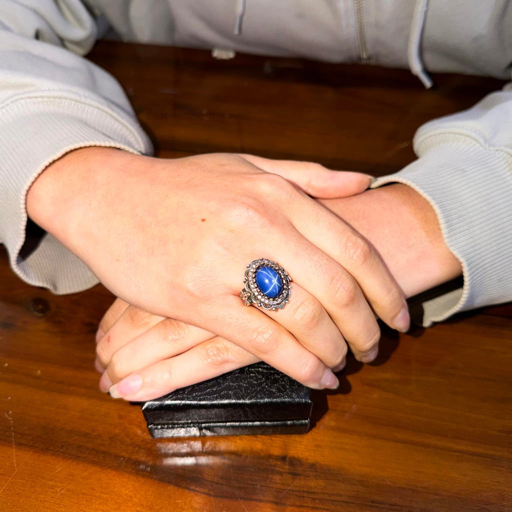 KAMBO Star Sapphire Women's Ring 925 Sterling Silver – Handmade Vintage Statement Ring – Blue Cabochon Stone Jewelry Gift — 3