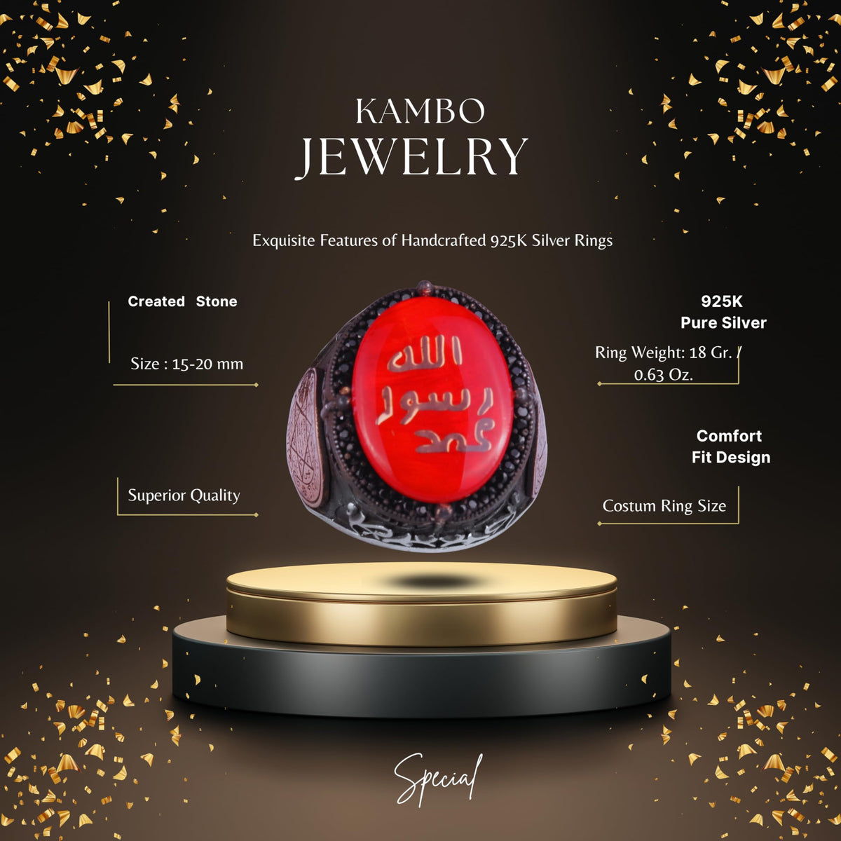 KAMBO Islamic Men's Ring - 925 Sterling Silver Handmade Men's Ring - Star of David Ring (Red) — 2
