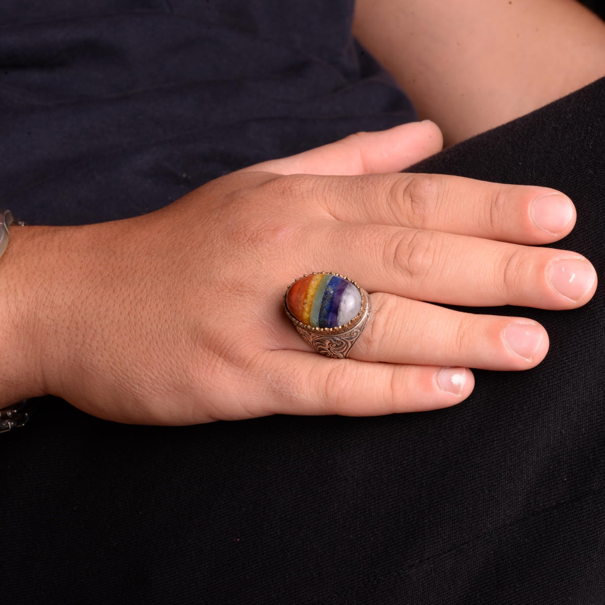 Silver Men's Ring, Rainbow Ring, Multicolor Ring — 3