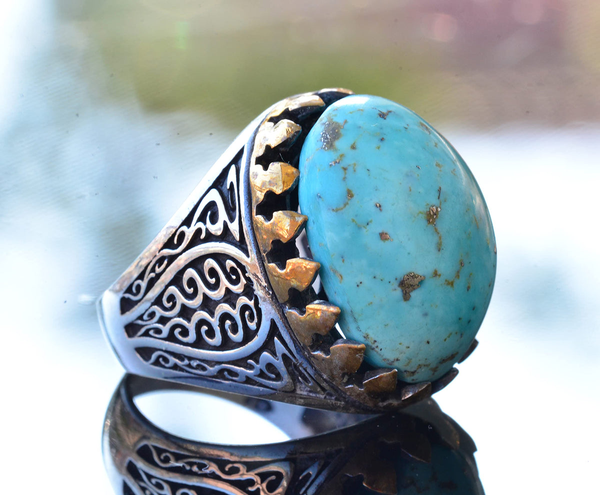 Natural Arizona Turquoise Stone Ring - Silver Men's Ring (Model-4) — 4