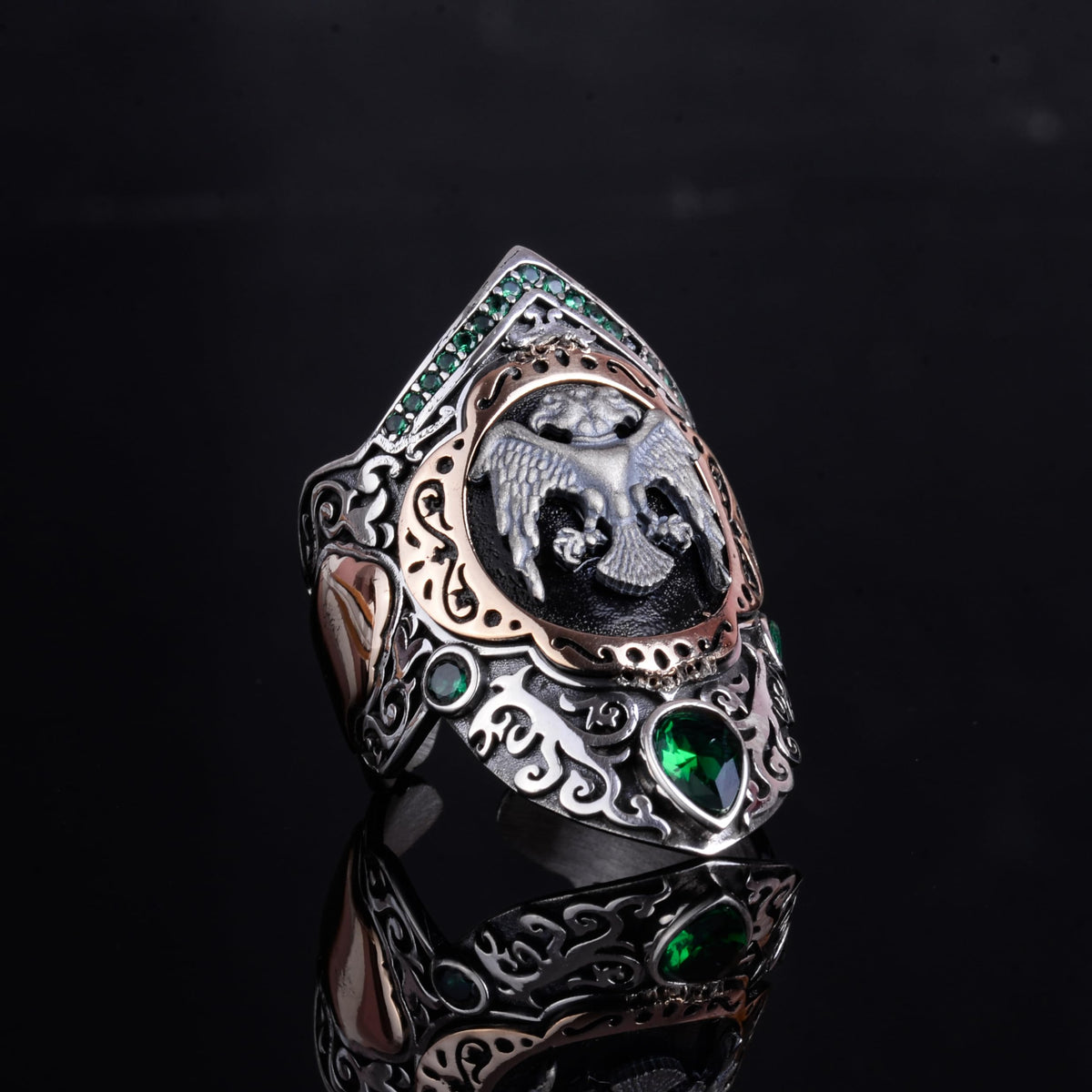KAMBO Seljuk Double-Headed Eagle Archer Ring – Men's Design Topaz Large Ring – 925 Sterling Silver Handmade Sejuk Symbol (Green Topaz) — 6