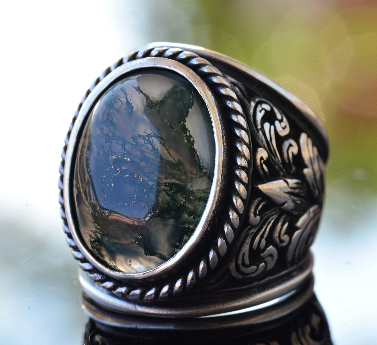 925 Sterling Silver Ring - Natural Agate Stone (Moss Agate) — 3