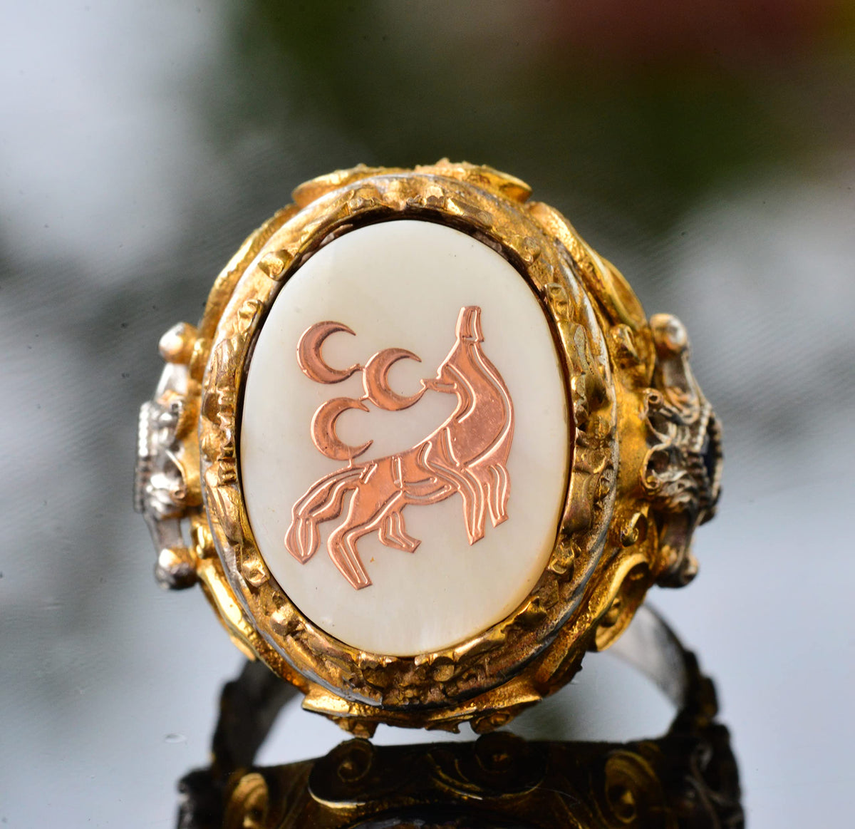 Men's Silver Ring - Natural Mother of Pearl Stone - Wolf Design — 5