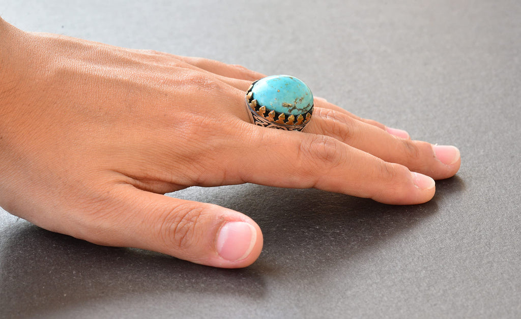 Natural Arizona Turquoise Stone Ring - Silver Men's Ring (Model-4) — 6