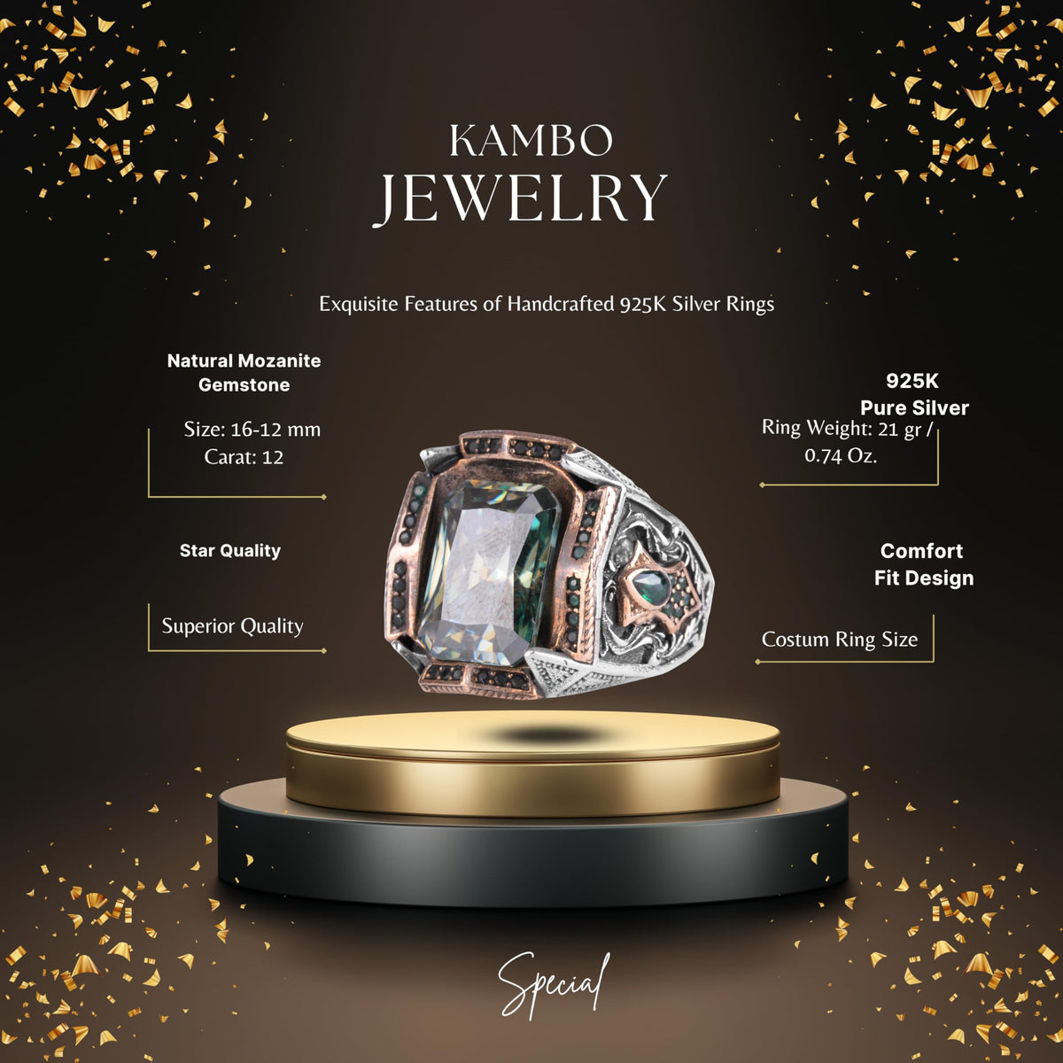 KAMBO Natural Moissanite Stone Men's Ring 925 Sterling Silver Bronze Frame Green Stone Details Handmade Statement Ring — 2