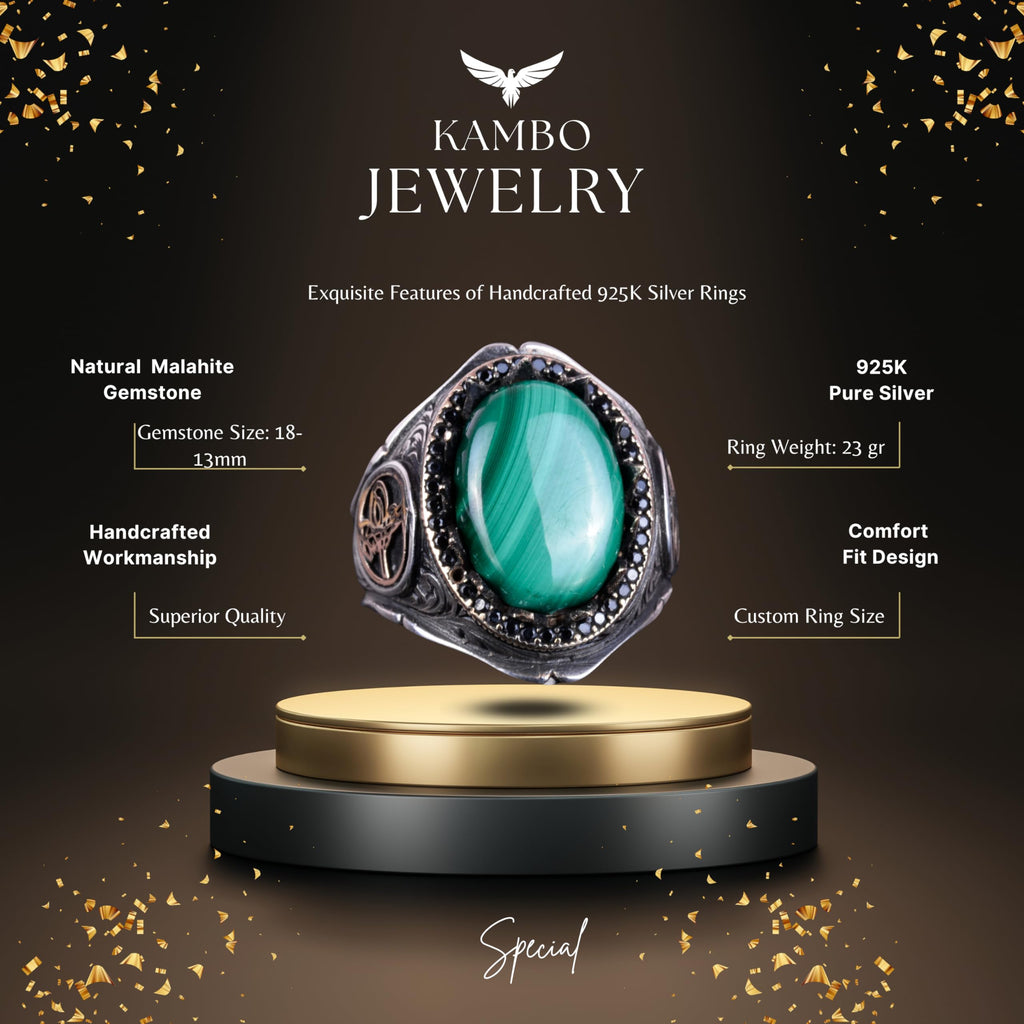 925 Sterling Silver Men's Ring - Handmade Elegance with Natural Stones (Malachite Stone) — 2