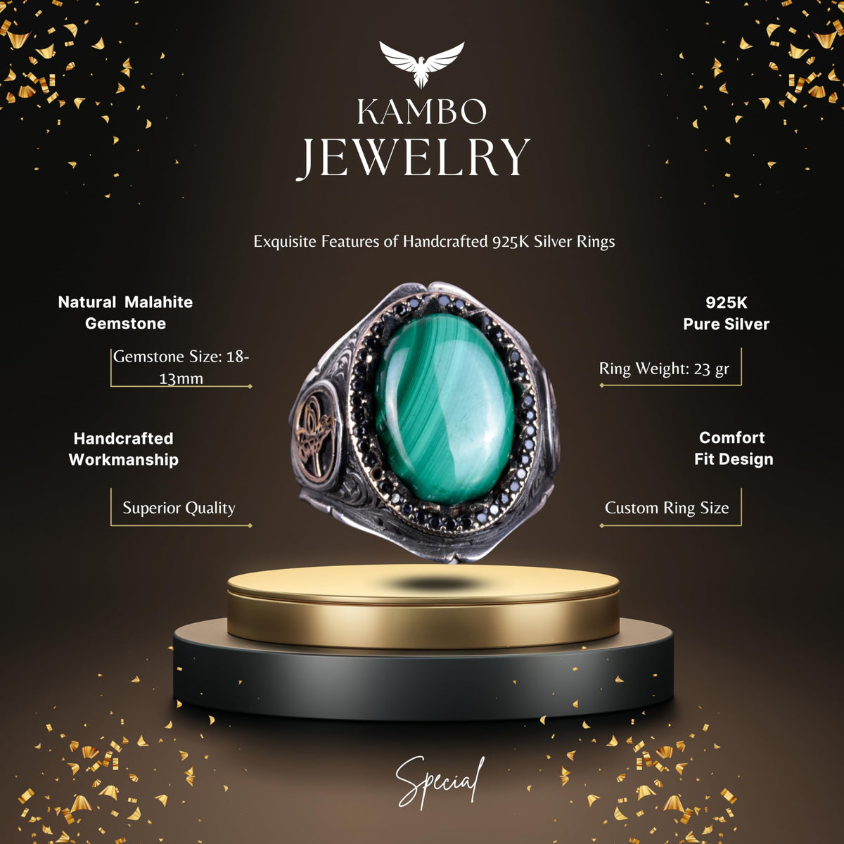 925 Sterling Silver Men's Ring - Handmade Elegance with Natural Stones (Malachite Stone) — 2