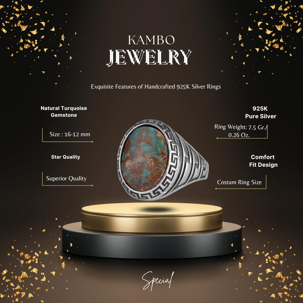 KAMBO Men's Natural Turquoise Stone Ring – 925 Sterling Silver Ring with Maze Side Designs – Handmade Minimalist Descriptive Jewelry (Style-10) — 2