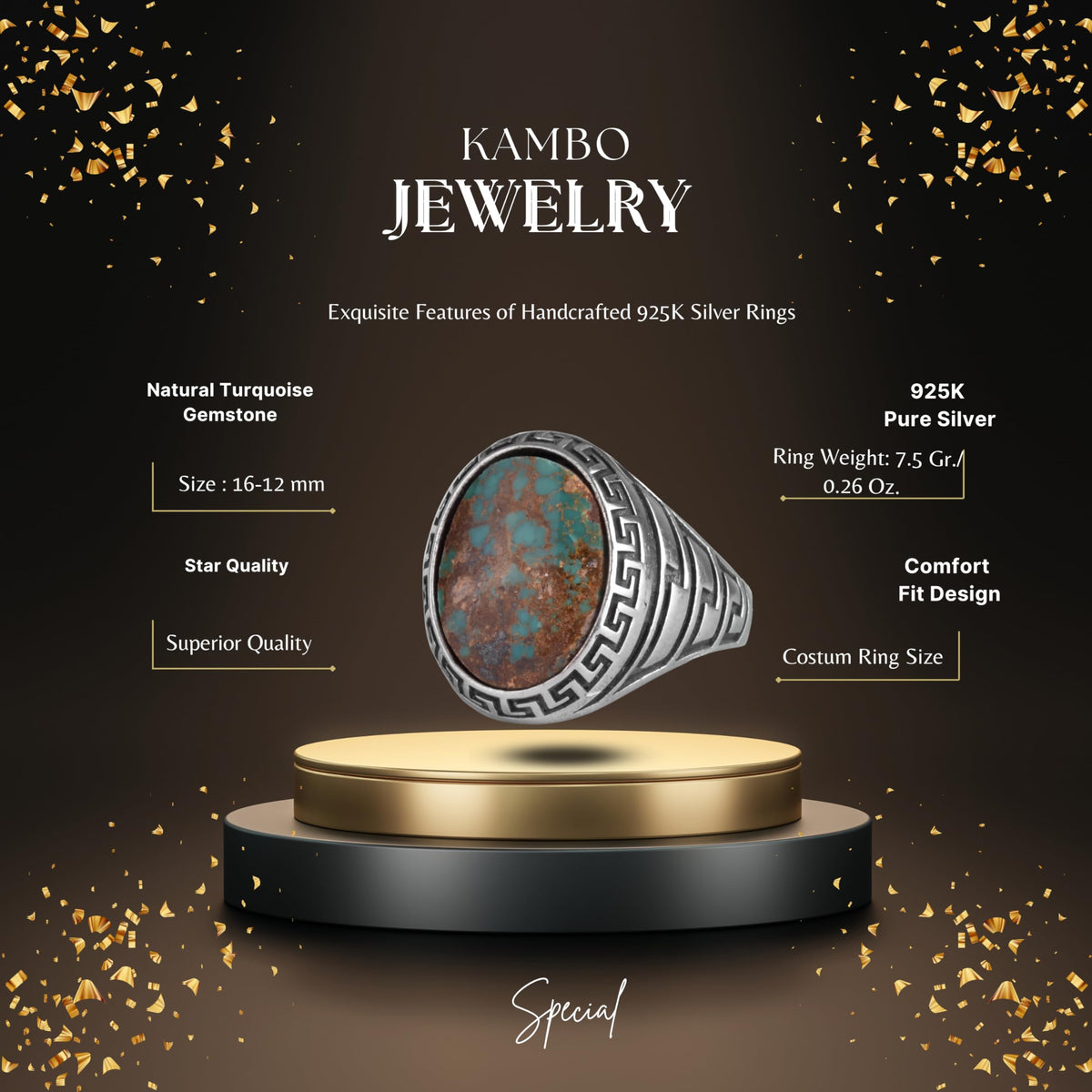 KAMBO Men's Natural Turquoise Stone Ring – 925 Sterling Silver Ring with Maze Side Designs – Handmade Minimalist Descriptive Jewelry (Style-10) — 2