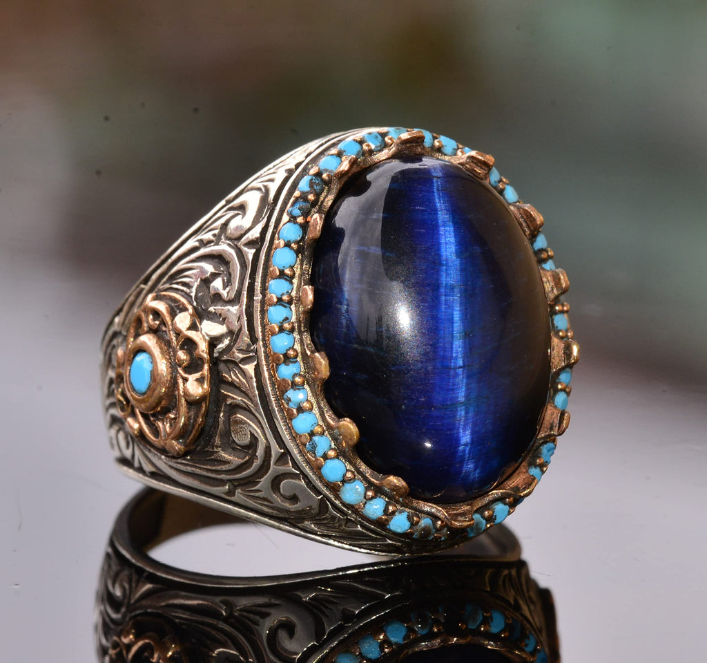 KAMBO Handmade 925 Sterling Silver King Ring with Blue Cats Eye Stone, Vintage Art Deco Unisex Statement Jewelry, Unique