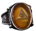 925 Sterling Silver Men's Ring with Created Yellow Agate Stone, Pyramid Evil Eye Design