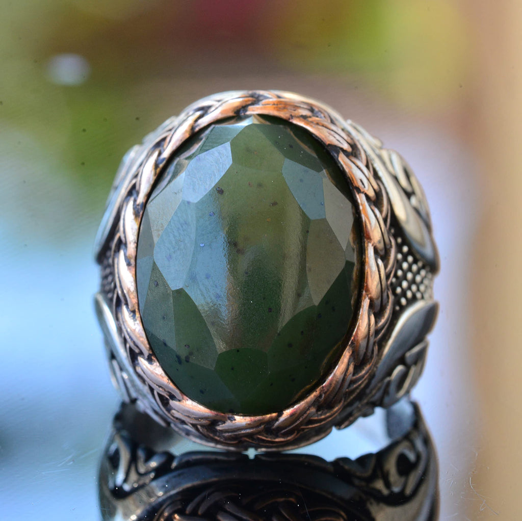 Natural Jade Stone Ring, 925 Sterling Silver Ring — 5