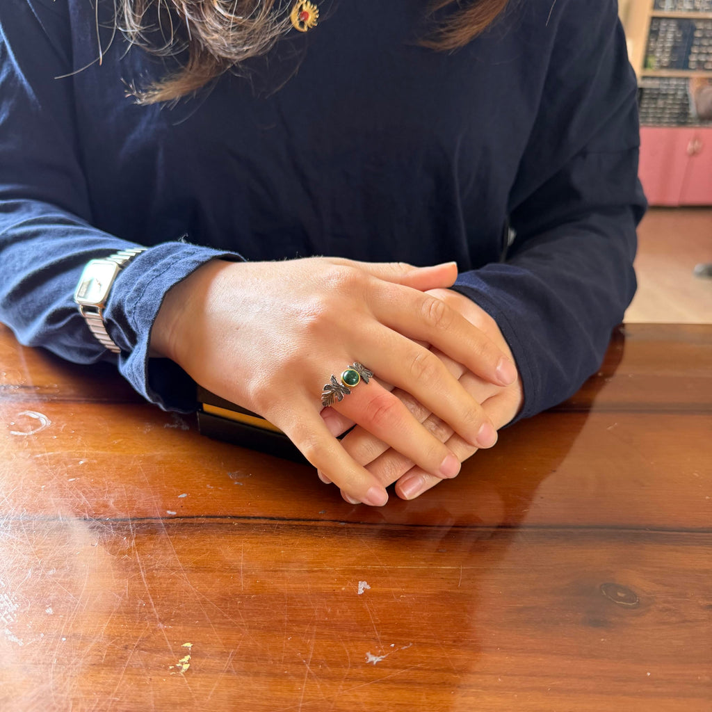 KAMBO Natural Malachite Stone Women's Ring 925 Sterling Silver Leaf Design Adjustable Handmade Ring — 3