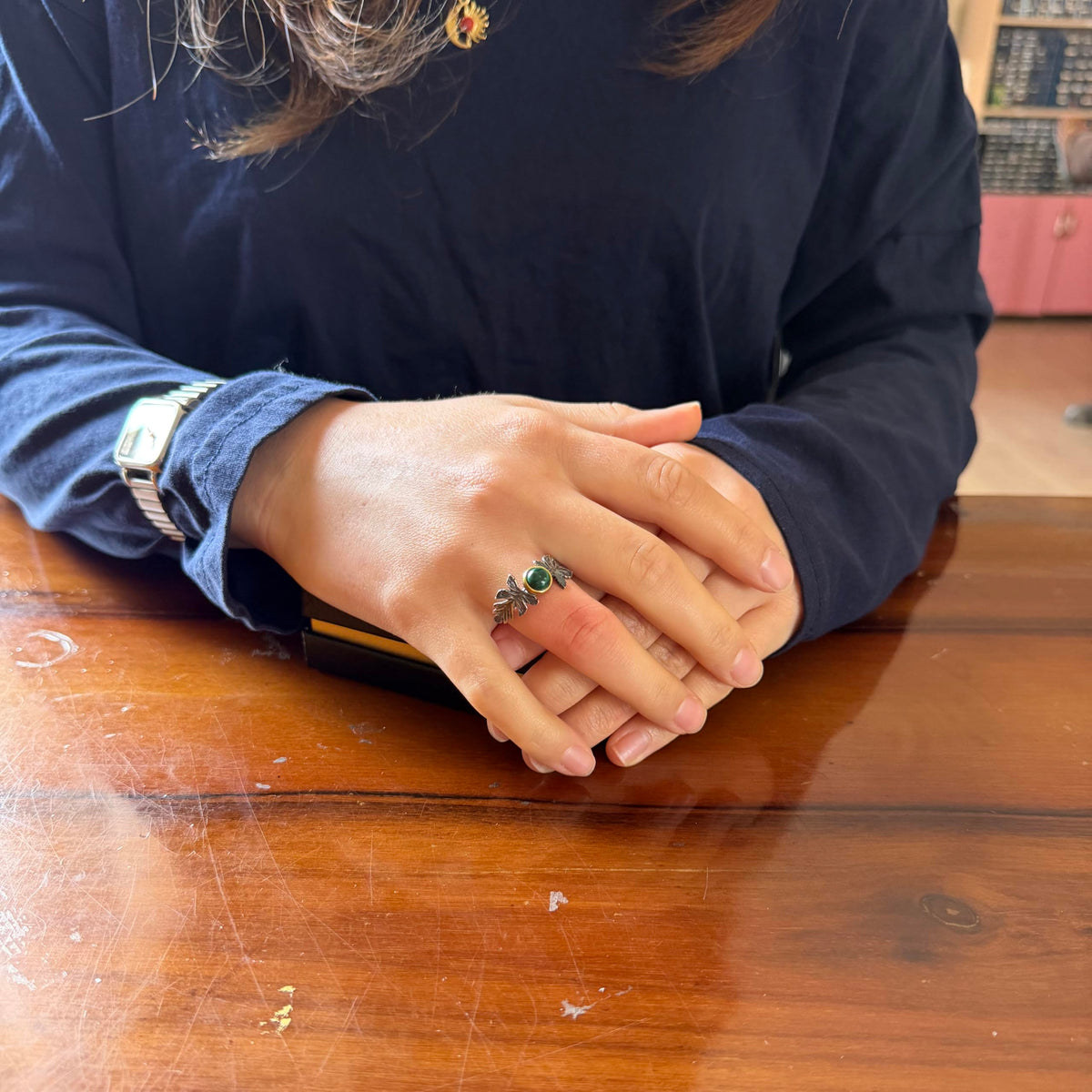 KAMBO Natural Malachite Stone Women's Ring 925 Sterling Silver Leaf Design Adjustable Handmade Ring — 3