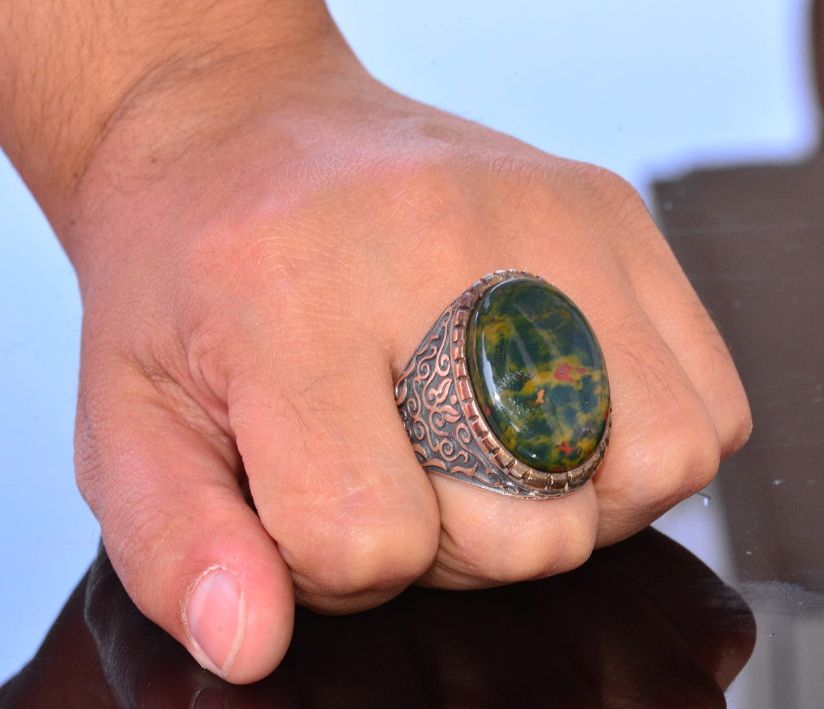 Handcrafted Natural Bloodstone Silver Large Men's Ring - Symbol of Courage and Strength — 5