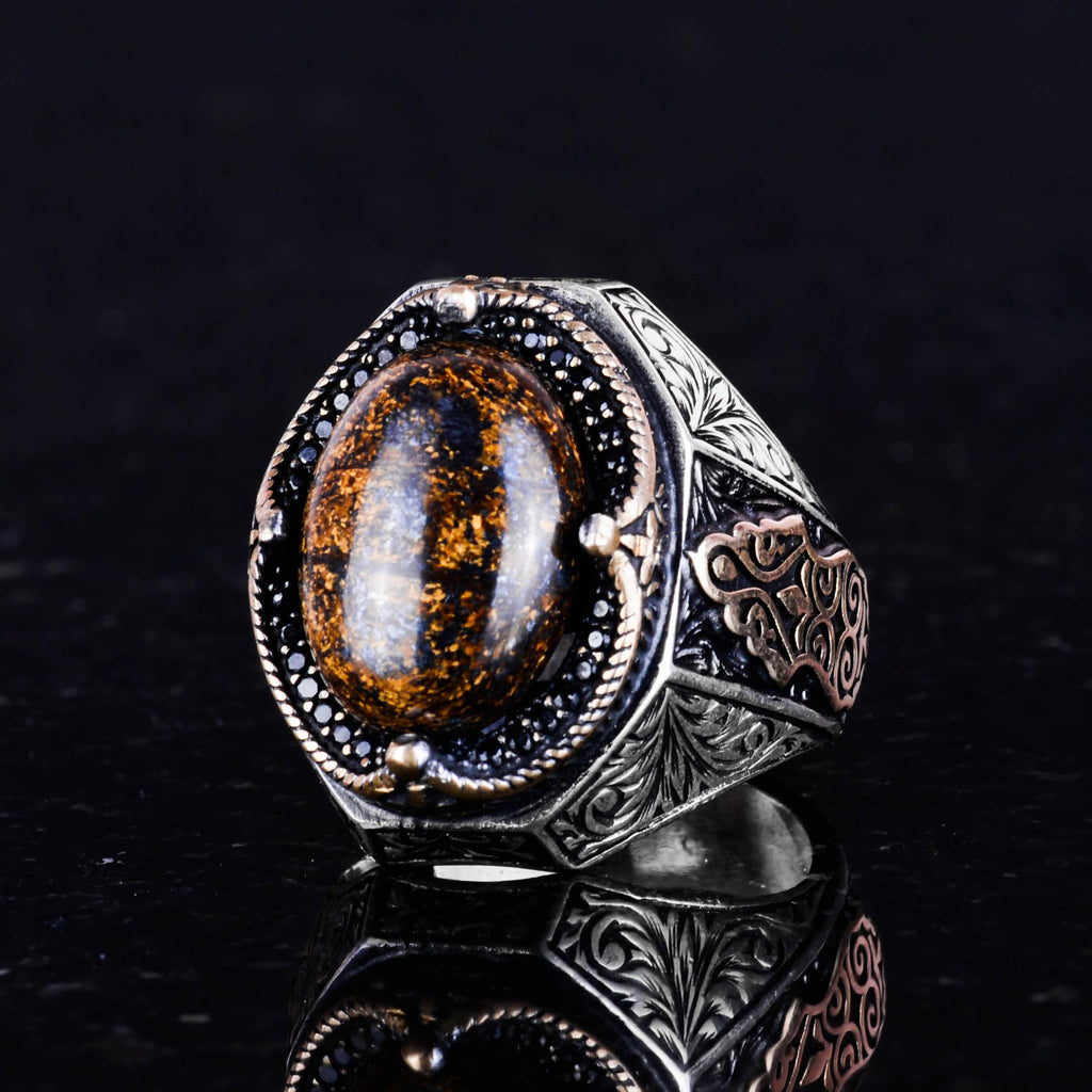 Handcrafted Natural Bronzite Stone Ring - 925 Sterling Silver Men's Ring (Model-2) — 6