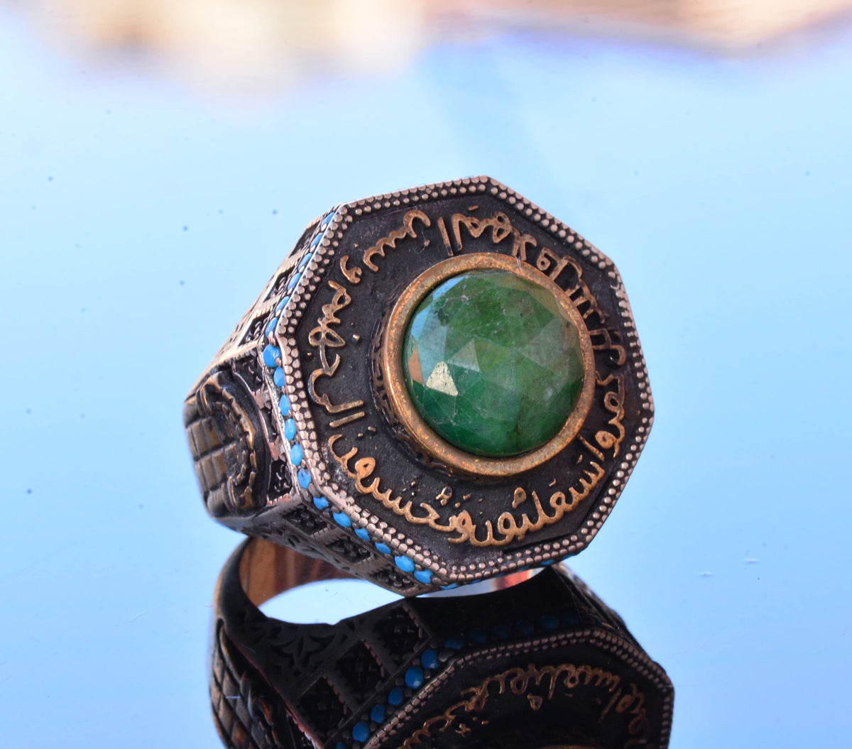 Natural Emerald Stone Ring - 925 Sterling Silver Men's Ring Al-Aqsa Mosque Design — 3