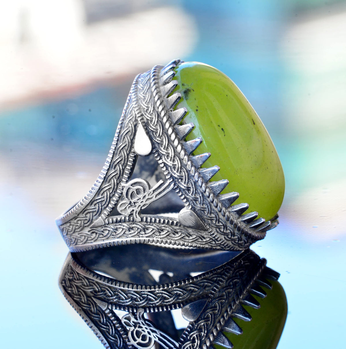 KAMBO Handmade 925 Sterling Silver Jade Gemstone Men's Ring, Serenity and Harmony Design, Vintage Statement Cocktail Rin