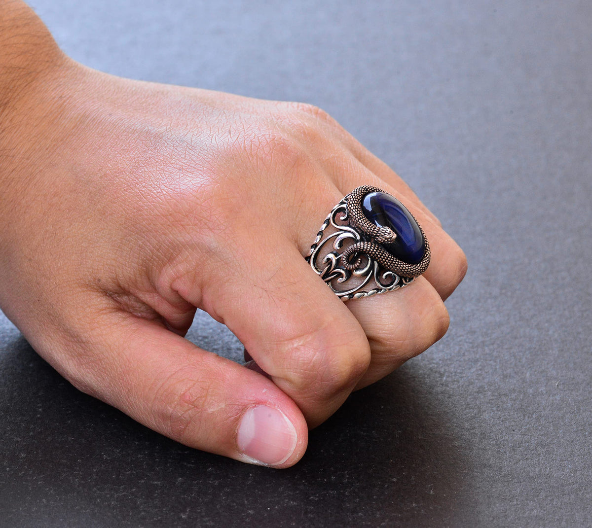 KAMBO Sophisticated Snake Ornamented 925 Sterling Silver Men's Gemstone Ring Collection - Various and Vibrant (Blue Cat's Eye Created Stone) — 7