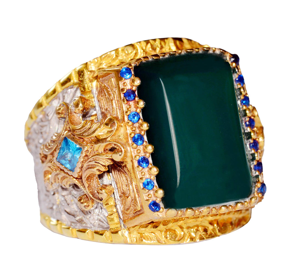 925 Sterling Silver Men's Ring, King Ring, Natural Jade Rectangular Gemstone