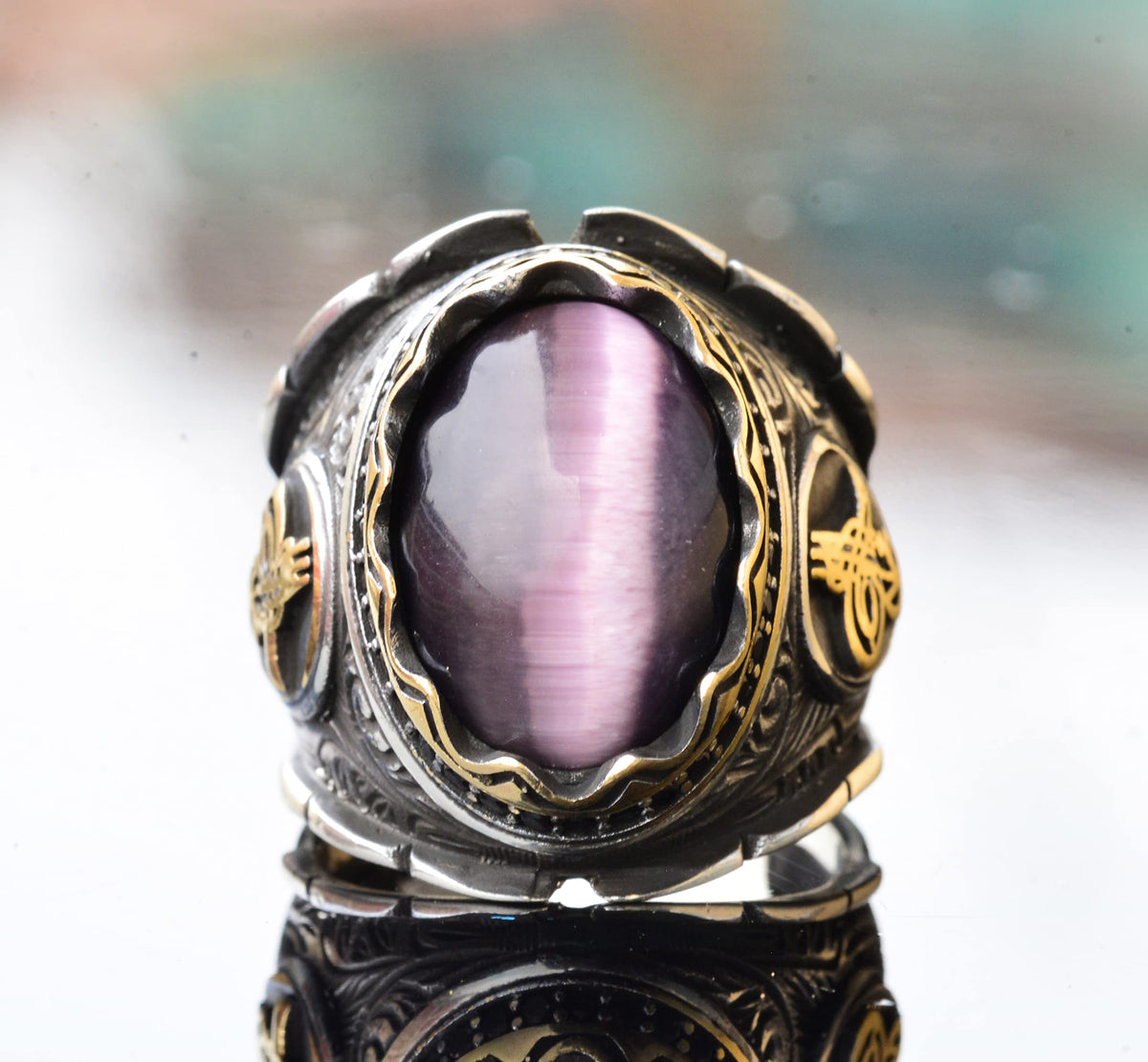 Natural Cat's Eye Amethyst Stone Ottoman Men's Ring - 925 Sterling Silver — 2